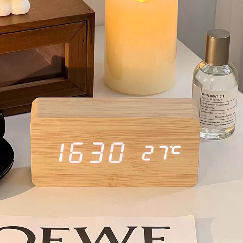 Led Desk Clock - ساعة منبه رقمية خشبية LED مع