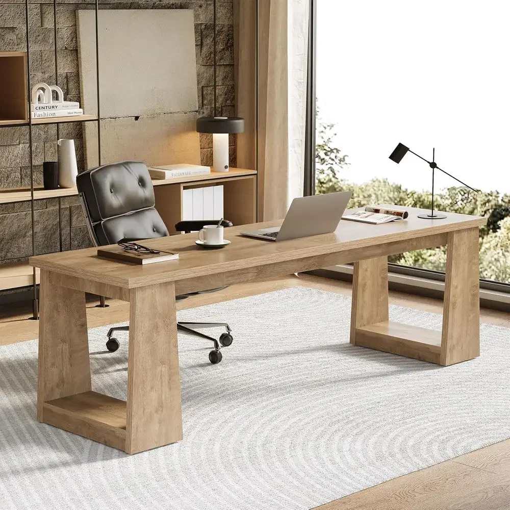 Home Office With Two Desks - مكتب منزلي بلون بني ريفي لشخصين،